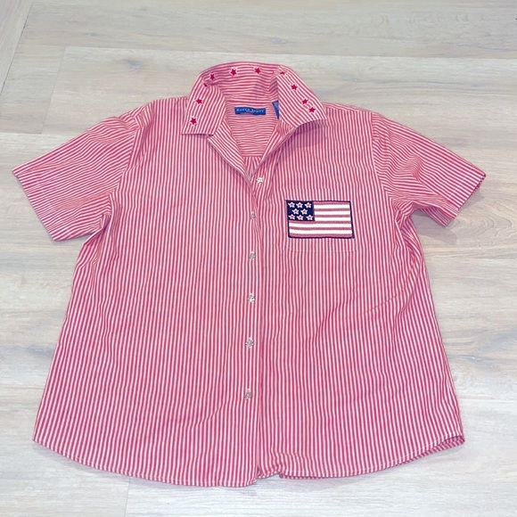VINTAGE Karen Scott Red STRIPE Short Sleeve STARS Button Down FLAG embroidered - Picture 10 of 10
